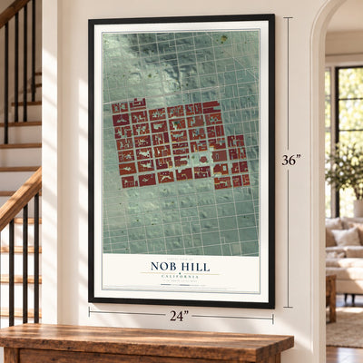 Nob Hill, California map, 24 x 36 inch print in a black frame by a staircase