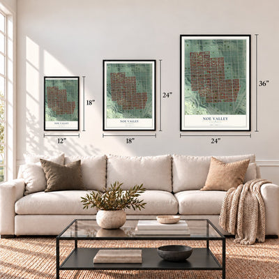 Noe Valley, California map in 12 x 18, 18 x 24 and 24 x 36 inch sizes above a sofa