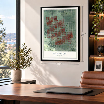 Noe Valley, California map, 18 x 24 inch print in a black frame in a home office