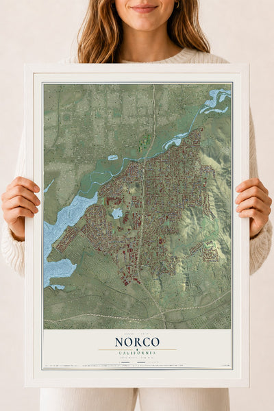 Map of Norco, California, 18 x 24 inch print in a white wood frame