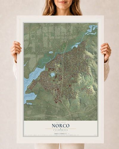 Map of Norco, California, 24 x 36 inch print in a white wood frame