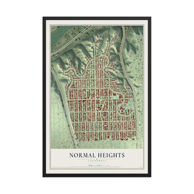 Map of Normal Heights, California, 12 x 18 inch print in a black wood frame