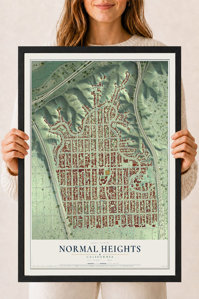 Map of Normal Heights, California, 18 x 24 inch print in a black wood frame
