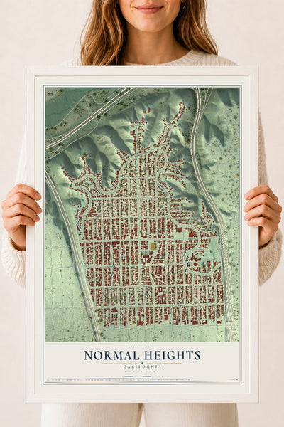 Map of Normal Heights, California, 18 x 24 inch print in a white wood frame