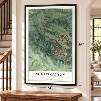 Norris Canyon, California map, 24 x 36 inch print in a black frame by a staircase