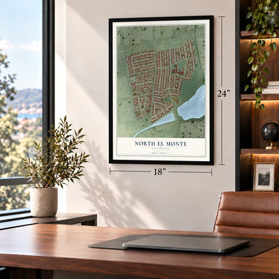 North El Monte, California map, 18 x 24 inch print in a black frame in a home office