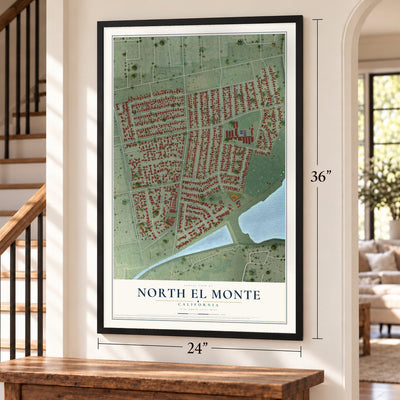 North El Monte, California map, 24 x 36 inch print in a black frame by a staircase