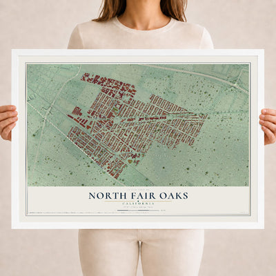Map of North Fair Oaks, California, 18 x 24 inch print in a white wood frame