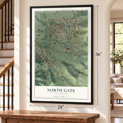 North Gate, California map, 24 x 36 inch print in a black frame by a staircase