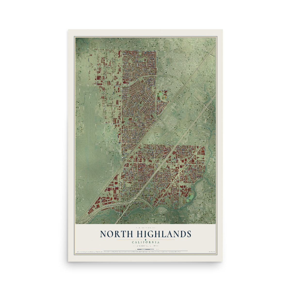 Map of North Highlands, California, 12 x 18 inch unframed archival matte print