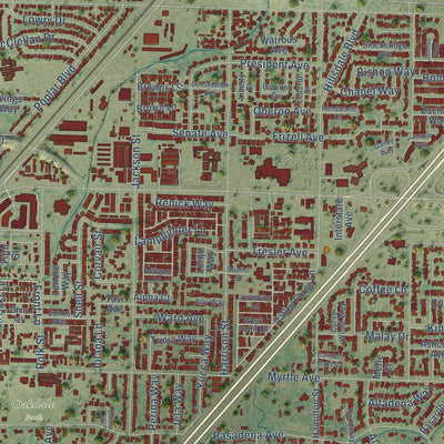 Second close-up of the map of North Highlands, California print showing more streets and buildings