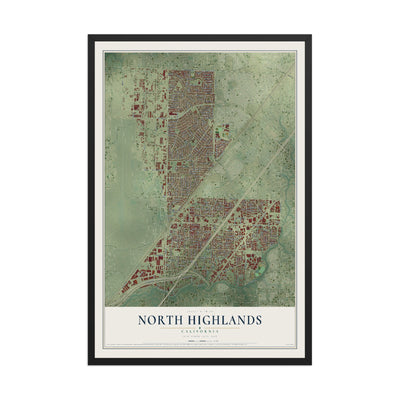 Map of North Highlands, California, 12 x 18 inch print in a black wood frame