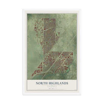 Map of North Highlands, California, 12 x 18 inch print in a white wood frame