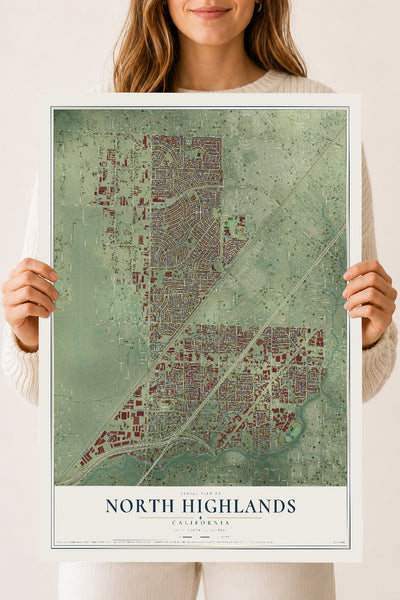 Map of North Highlands, California, 18 x 24 inch unframed archival matte print