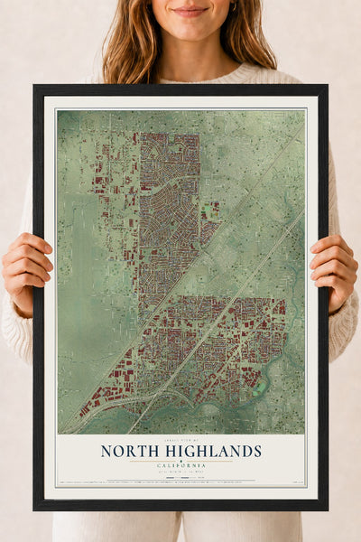 Map of North Highlands, California, 18 x 24 inch print in a black wood frame