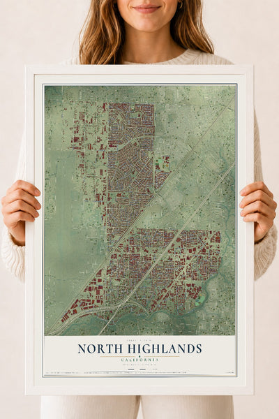 Map of North Highlands, California, 18 x 24 inch print in a white wood frame
