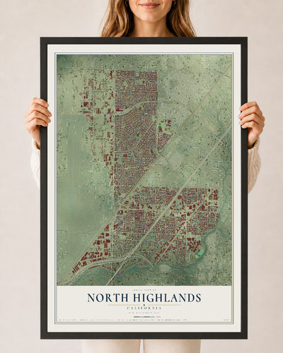 Map of North Highlands, California, 24 x 36 inch print in a black wood frame