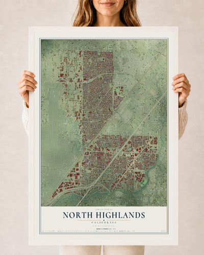 Map of North Highlands, California, 24 x 36 inch print in a white wood frame