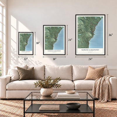 North Lakeport, California map in 12 x 18, 18 x 24 and 24 x 36 inch sizes above a sofa