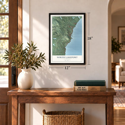 North Lakeport, California map, 12 x 18 inch print in a black frame in an entryway