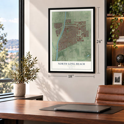 North Long Beach, California map, 18 x 24 inch print in a black frame in a home office