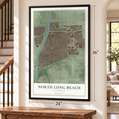 North Long Beach, California map, 24 x 36 inch print in a black frame by a staircase