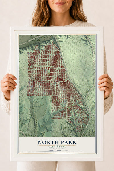 Map of North Park, California, 18 x 24 inch print in a white wood frame