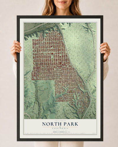 Map of North Park, California, 24 x 36 inch print in a black wood frame