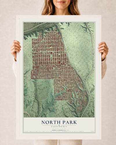 Map of North Park, California, 24 x 36 inch print in a white wood frame