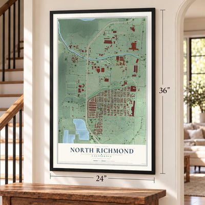 North Richmond, California map, 24 x 36 inch print in a black frame by a staircase