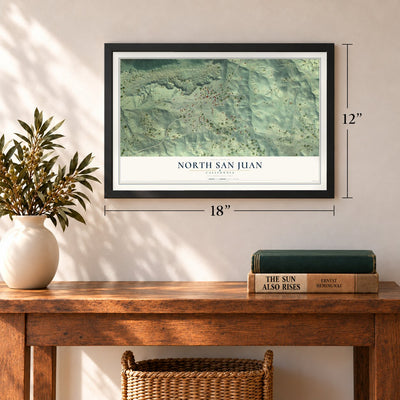 North San Juan, California map, 12 x 18 inch print in a black frame in an entryway