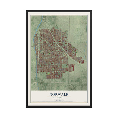Map of Norwalk, California, 12 x 18 inch print in a black wood frame