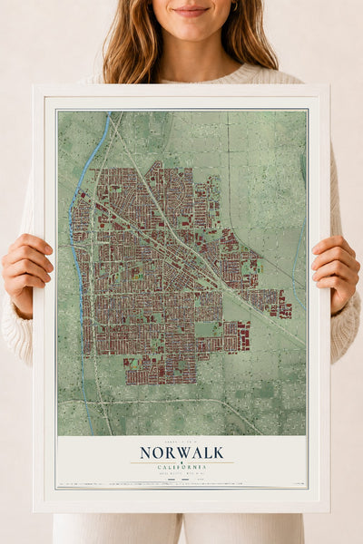 Map of Norwalk, California, 18 x 24 inch print in a white wood frame