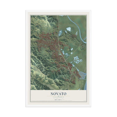 Map of Novato, California, 12 x 18 inch print in a white wood frame