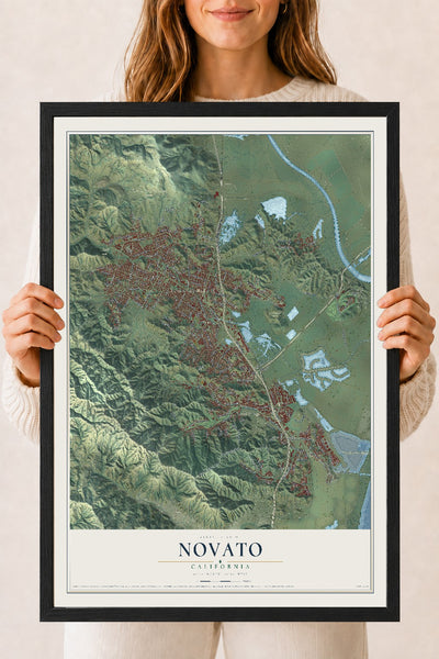 Map of Novato, California, 18 x 24 inch print in a black wood frame
