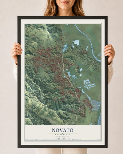 Map of Novato, California, 24 x 36 inch print in a black wood frame