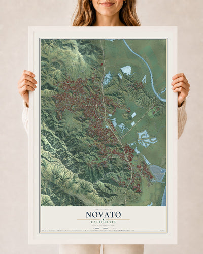 Map of Novato, California, 24 x 36 inch print in a white wood frame
