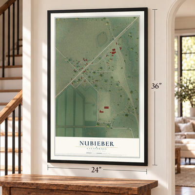 Nubieber, California map, 24 x 36 inch print in a black frame by a staircase