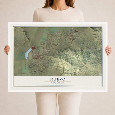 Map of Nuevo, California, 24 x 36 inch print in a white wood frame