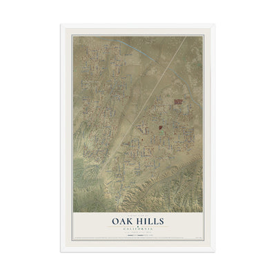 Map of Oak Hills, California, 12 x 18 inch print in a white wood frame