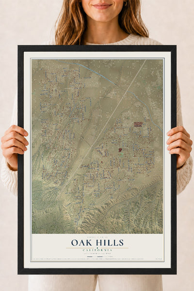Map of Oak Hills, California, 18 x 24 inch print in a black wood frame