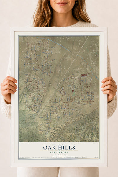 Map of Oak Hills, California, 18 x 24 inch print in a white wood frame