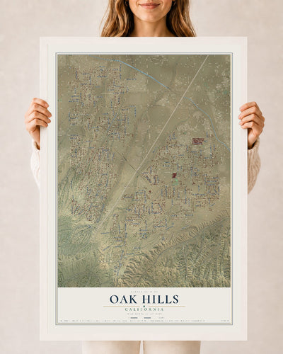 Map of Oak Hills, California, 24 x 36 inch print in a white wood frame