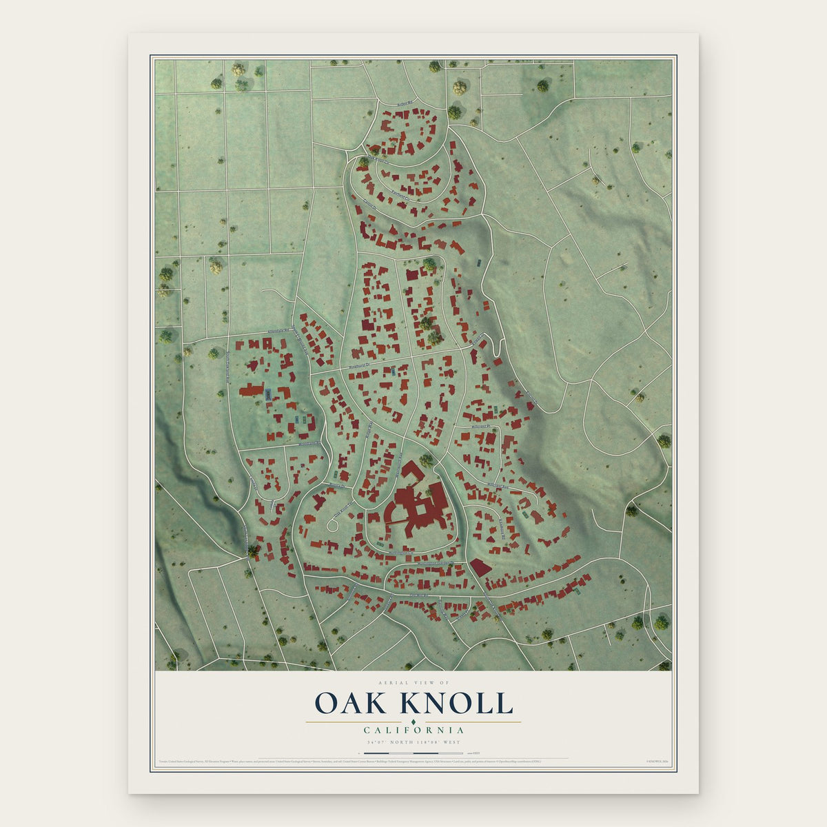 Oak Knoll, California map print, the full design