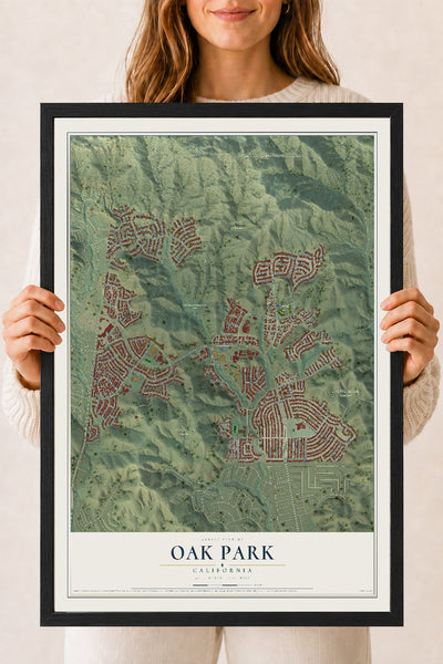 Map of Oak Park, California, 18 x 24 inch print in a black wood frame