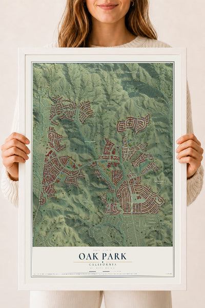 Map of Oak Park, California, 18 x 24 inch print in a white wood frame