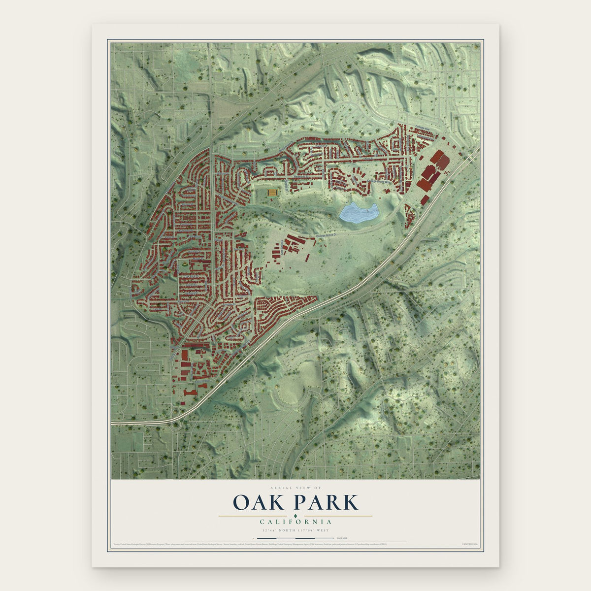 Oak Park, San Diego, California map print, the full design