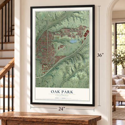 Oak Park, San Diego, California map, 24 x 36 inch print in a black frame by a staircase