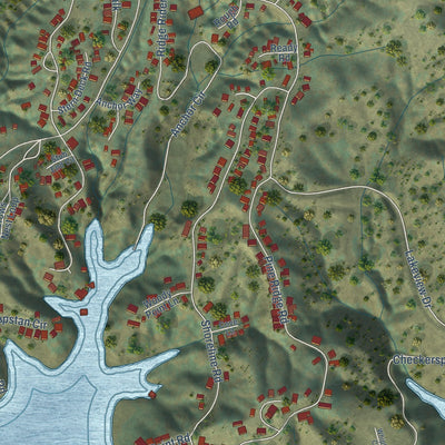Close-up of the map of Oak Shores, California print showing street and building detail