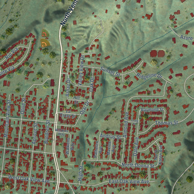Close-up of the map of Oak View, California print showing street and building detail